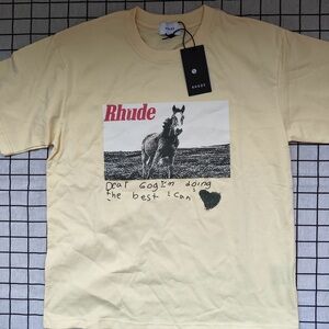 Rhude Pale Yellow Short-Sleeve Graphic Tee with Horse Print